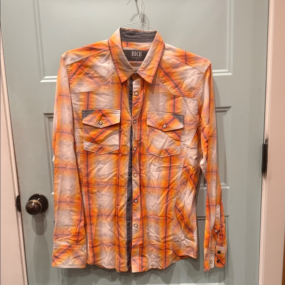 BKE Vibrant Orange and Black Checkered Shirt